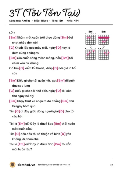 Hợp âm 3T (Tôi Tồn Tại) (Đỗ Phú Quí) – bản nhạc PDF trang 1, tông Em