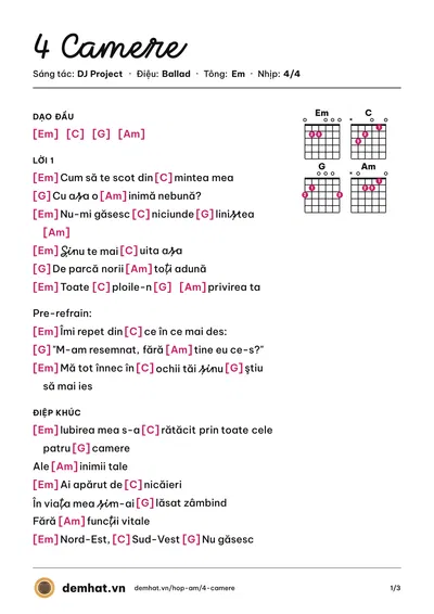 Hợp âm 4 Camere (DJ Project) – bản nhạc PDF trang 1, tông Em