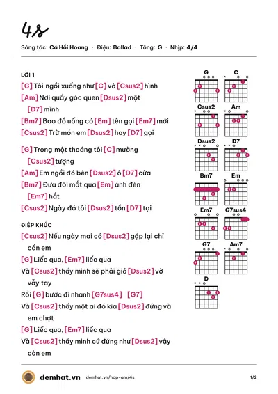 Hợp âm 4s (Cá Hồi Hoang) – bản nhạc PDF trang 1, tông G
