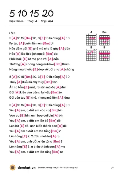 Hợp âm 5 10 15 20 (tùng núi) – bản nhạc PDF trang 1, tông A