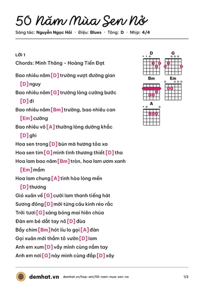 Hợp âm 50 Năm Mùa Sen Nở (Nguyễn Ngọc Hải) – bản nhạc PDF trang 1, tông D