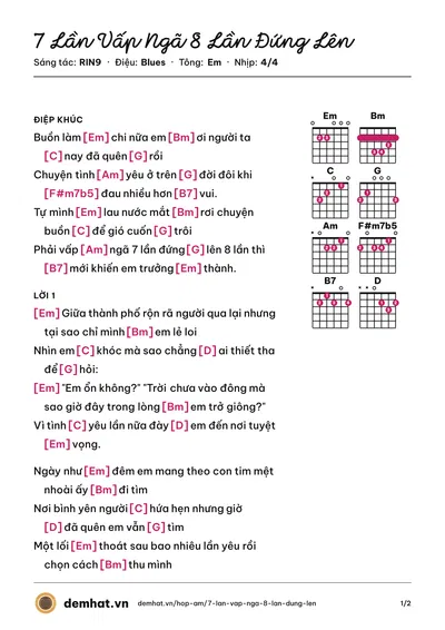 Hợp âm 7 Lần Vấp Ngã 8 Lần Đứng Lên (MiiNa) – bản nhạc PDF trang 1, tông Em