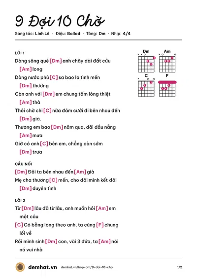 Hợp âm 9 Đợi 10 Chờ (Thanh Nhàn) – bản nhạc PDF trang 1, tông Dm