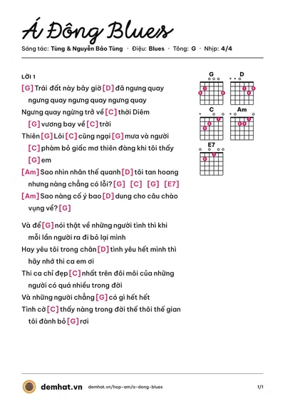 Hợp âm Á Đông Blues (Tùng) – bản nhạc PDF trang 1, tông G
