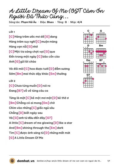 Hợp âm A Little Dream Of Me (OST Cảm Ơn Người Đã Thức Cùng Tôi) (Thảo Tâm) – bản nhạc PDF trang 1, tông G