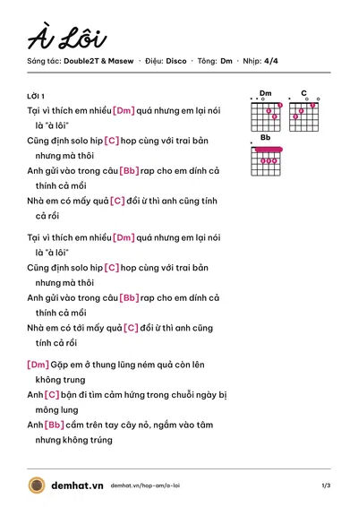 Hợp âm À Lôi (Double2T) – bản nhạc PDF trang 1, tông Dm