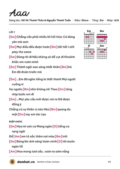 Hợp âm Aaa (Tiên Tiên) – bản nhạc PDF trang 1, tông Em