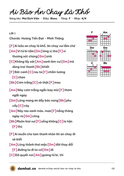 Hợp âm Ai Bảo Ăn Chay Là Khổ (Phạm Anh Thư) – bản nhạc PDF trang 1, tông F