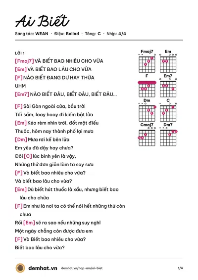 Hợp âm Ai Biết (WEAN) – bản nhạc PDF trang 1, tông C