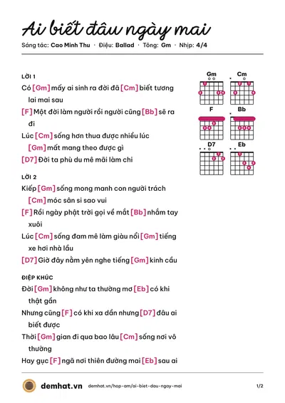 Hợp âm Ai biết đâu ngày mai (Cao Minh Thu) – bản nhạc PDF trang 1, tông Gm