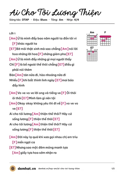 Hợp âm Ai Cho Tôi Lương Thiện (Thu Phương) – bản nhạc PDF trang 1, tông Am