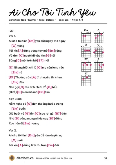 Hợp âm Ai Cho Tôi Tình Yêu (Trường Vũ) – bản nhạc PDF trang 1, tông Em