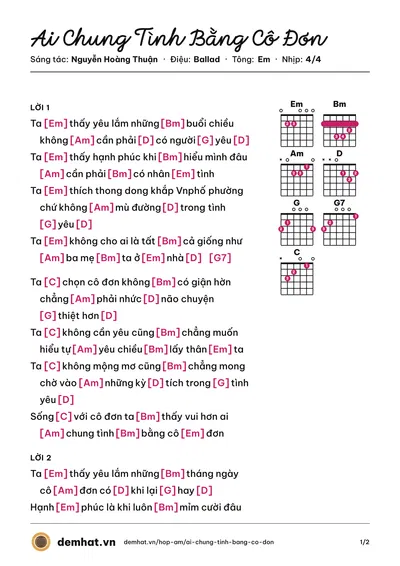 Hợp âm Ai Chung Tình Bằng Cô Đơn (Hồ Ngọc Hà) – bản nhạc PDF trang 1, tông Em