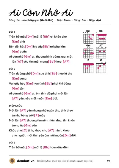 Hợp âm Ai Còn Nhớ Ai (Diên An) – bản nhạc PDF trang 1, tông Dm
