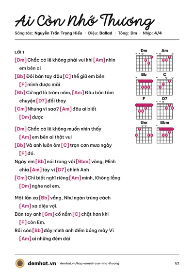Hợp âm Ai Còn Nhớ Thương (Nguyễn Trần Trọng Hiếu) – bản nhạc PDF trang 1, tông Dm