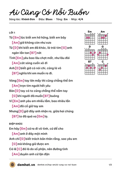 Hợp âm Ai Cũng Có Nỗi Buồn (Khánh Đơn) – bản nhạc PDF trang 1, tông Em