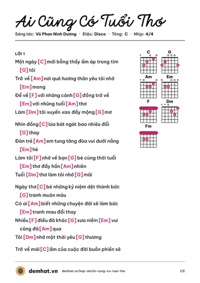 Hợp âm Ai Cũng Có Tuổi Thơ (Vũ Phan Ninh Dương) – bản nhạc PDF trang 1, tông C