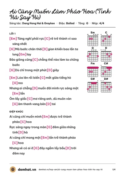 Hợp âm Ai Cũng Muốn Làm Pháo Hoa (Tinh Hà Say Hi) (Dang Hong Hai) – bản nhạc PDF trang 1, tông G