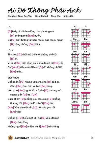 Hợp âm Ai Đó Không Phải Anh (Tăng Duy Tân) – bản nhạc PDF trang 1, tông Em