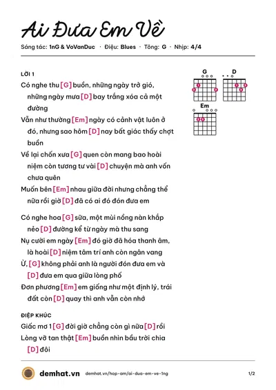 Hợp âm Ai Đưa Em Về (1nG) – bản nhạc PDF trang 1, tông G