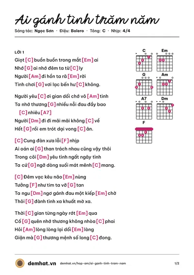 Hợp âm Ai gánh tình trăm năm (Quỳnh Trang) – bản nhạc PDF trang 1, tông C