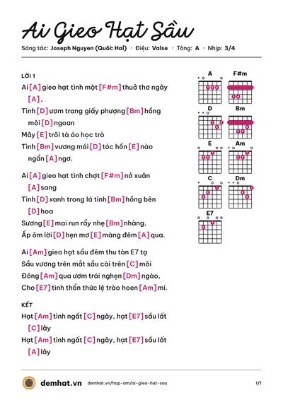 Hợp âm Ai Gieo Hạt Sầu (Diệu Hiền) – bản nhạc PDF trang 1, tông A