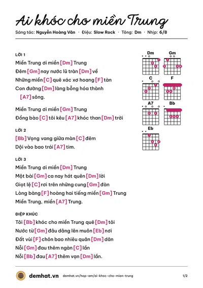 Hợp âm Ai khóc cho miền Trung (Nguyễn Hân) – bản nhạc PDF trang 1, tông Dm