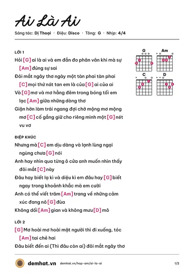 Hợp âm Ai Là Ai (Dị Thoại) – bản nhạc PDF trang 1, tông G