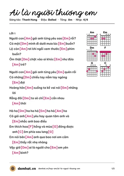 Hợp âm Ai là người thương em (Phạm Anh Quân) – bản nhạc PDF trang 1, tông Am