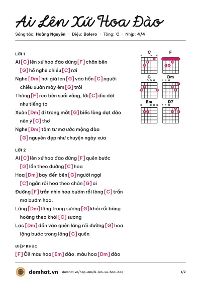 Hợp âm Ai Lên Xứ Hoa Đào (Quang Dũng) – bản nhạc PDF trang 1, tông C