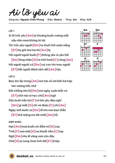 Hợp âm Ai lỡ yêu ai (Nguyên Chấn Phong) – bản nhạc PDF trang 1, tông Am