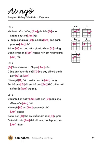 Hợp âm Ai ngờ (Hoàng Tuấn Linh) – bản nhạc PDF trang 1, tông Am
