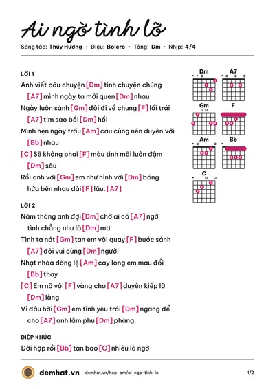 Hợp âm Ai ngờ tình lỡ (Đăng Anh) – bản nhạc PDF trang 1, tông Dm
