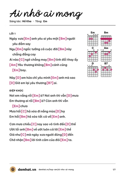 Hợp âm Ai nhớ ai mong (Hồ Kha) – bản nhạc PDF trang 1, tông Em