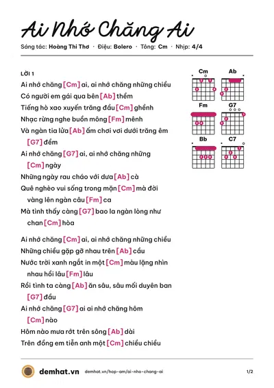 Hợp âm Ai Nhớ Chăng Ai (Quang Lê) – bản nhạc PDF trang 1, tông Cm