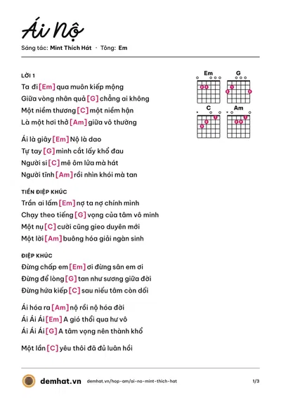 Hợp âm Ái Nộ (Mint Thích Hát) – bản nhạc PDF trang 1, tông Em