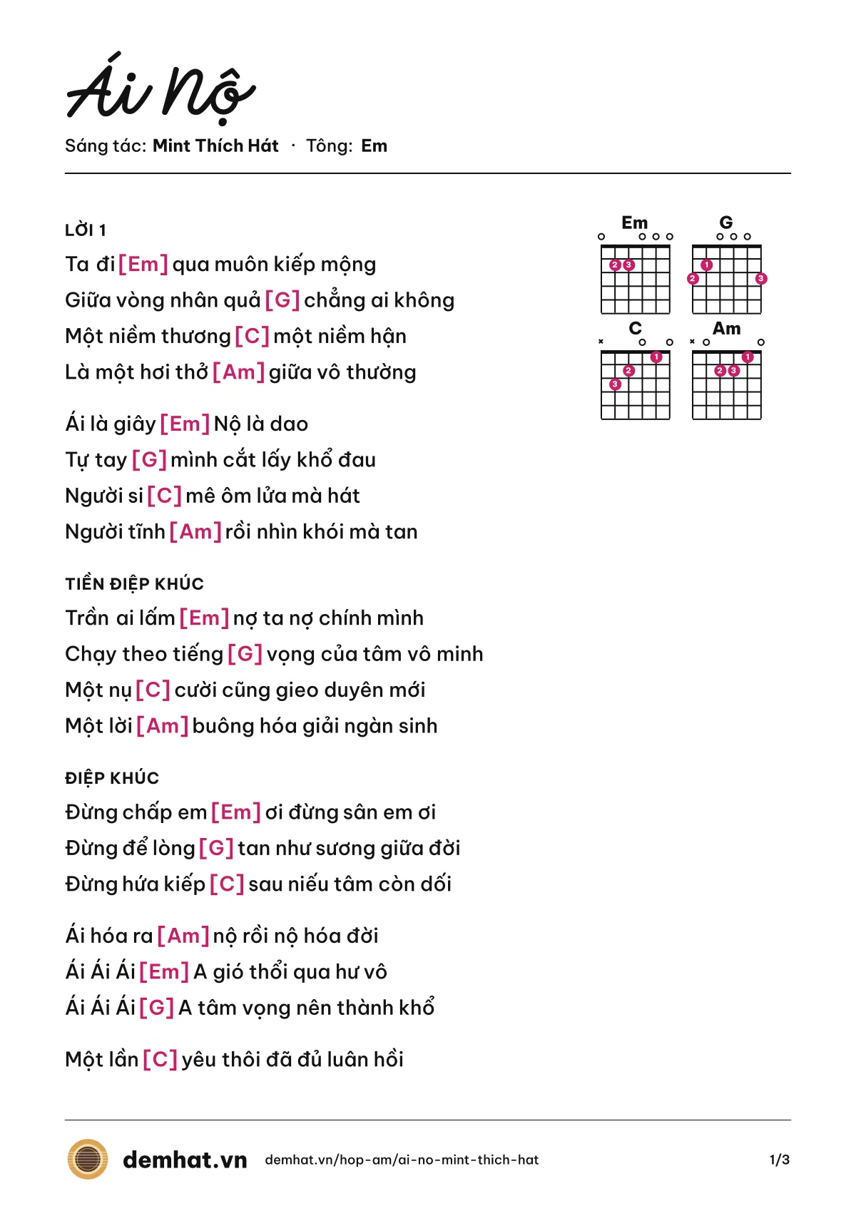 Hợp âm Ái Nộ (Mint Thích Hát) – bản nhạc PDF trang 1, tông Em