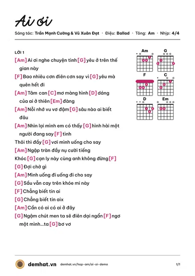 Hợp âm Ai ơi (Trần Mạnh Cường) – bản nhạc PDF trang 1, tông Am