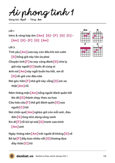 Hợp âm Ải phong tình 1 (RyoT) – bản nhạc PDF trang 1, tông Am