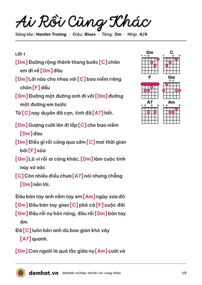 Hợp âm Ai Rồi Cũng Khác (Hamlet Trương) – bản nhạc PDF trang 1, tông Dm
