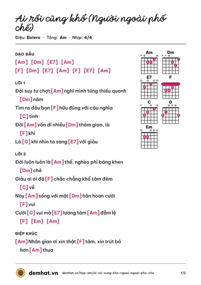 Hợp âm Ai rồi cũng khổ (Người ngoài phố chế) (Đoàn Lâm) – bản nhạc PDF trang 1, tông Am