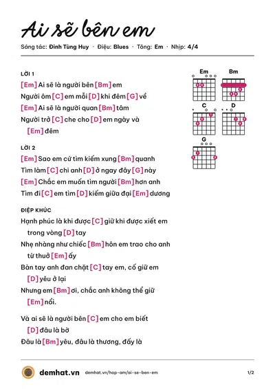 Hợp âm Ai sẽ bên em (Đinh Tùng Huy) – bản nhạc PDF trang 1, tông Em
