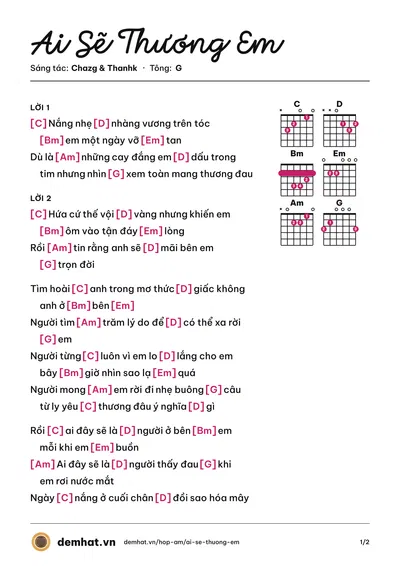 Hợp âm Ai Sẽ Thương Em (Thanhk) – bản nhạc PDF trang 1, tông G