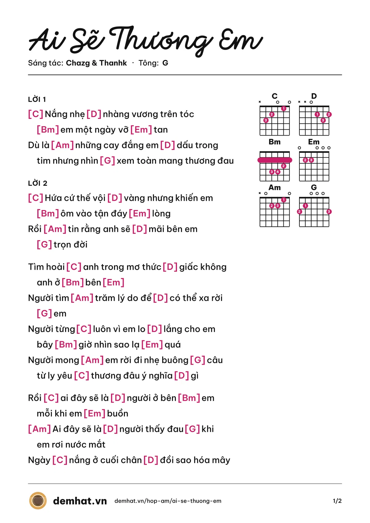Hợp âm Ai Sẽ Thương Em (Thanhk) – bản nhạc PDF trang 1, tông G