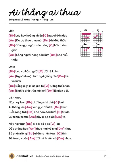 Hợp âm Ai thắng ai thua (Lê Nhật Trường) – bản nhạc PDF trang 1, tông Dm