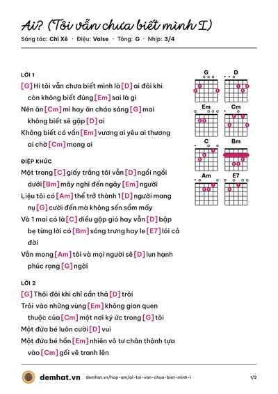 Hợp âm Ai? (Tôi vẫn chưa biết mình I) (Chi Xê) – bản nhạc PDF trang 1, tông G