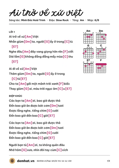 Hợp âm Ai trở về xứ việt (Khánh Ly) – bản nhạc PDF trang 1, tông Am