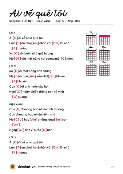 Hợp âm Ai về quê tôi (Diễm Chi (trước 75)) – bản nhạc PDF trang 1, tông C