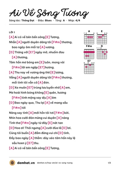 Hợp âm Ai Về Sông Tương (Tuấn Ngọc) – bản nhạc PDF trang 1, tông A