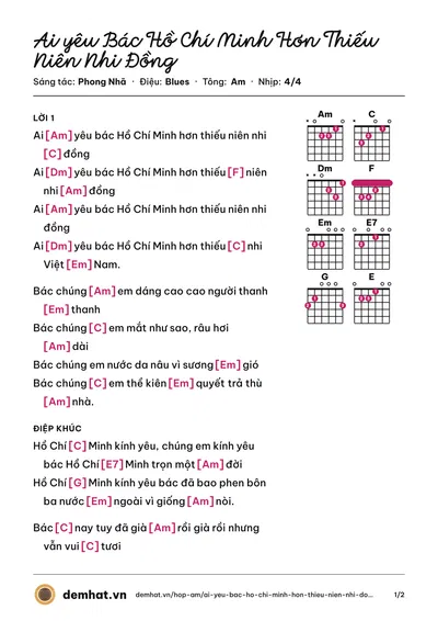 Hợp âm Ai yêu Bác Hồ Chí Minh Hơn Thiếu Niên Nhi Đồng (Tốp ca thiếu nhi) – bản nhạc PDF trang 1, tông Am